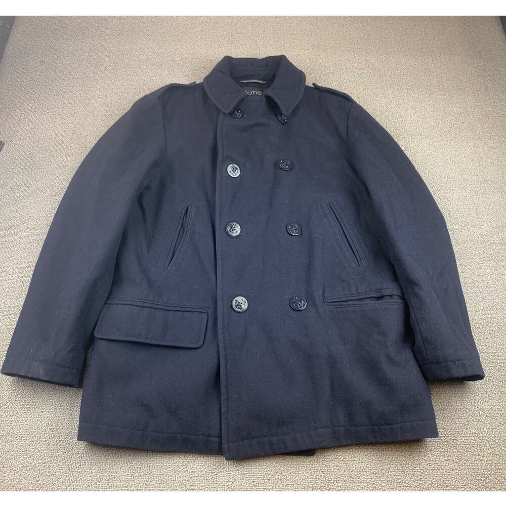 Nautica Black‎ Wool Blend Peacoat Coat Jacket Mens Size Medium Quilted Lining